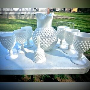 Vintage Fenton White Hobnail Milk Glass Pitcher and Goblet Set